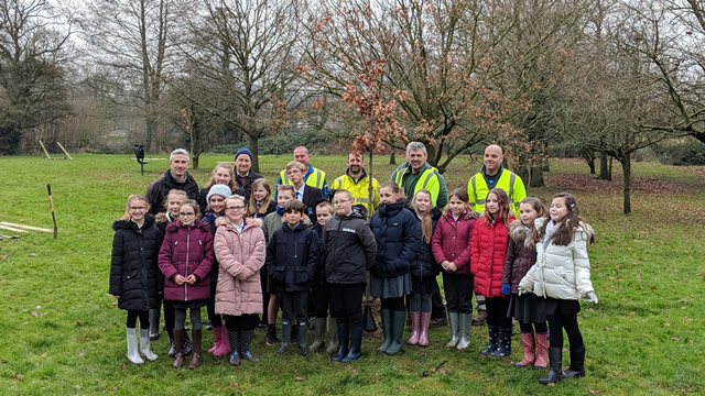 Pupils from all three of Wincanton's schools who helped plant new trees at the Cale Park recreation ground