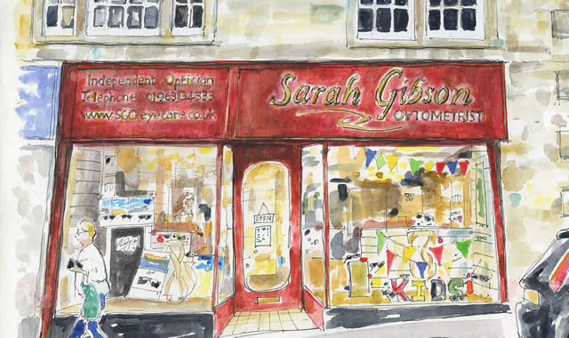 A hand-drawn illustration of Sarah Gibson Optometrist shop front