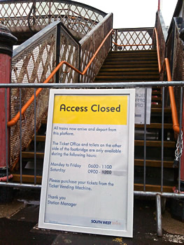 The 'Access Closed' sign on the Templecombe station platform bridge.