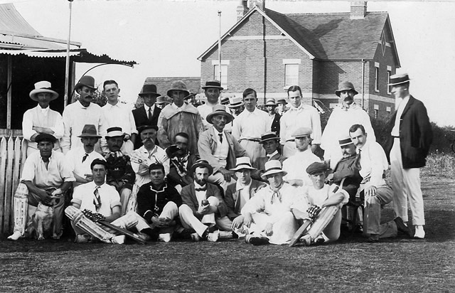 Photo of Wincanton Cricket Club and the farmers meet for a photo before a match. circ. 1908